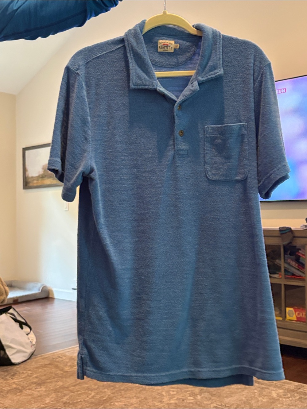 Faherty Blue Terry Polo with Chest Pocket